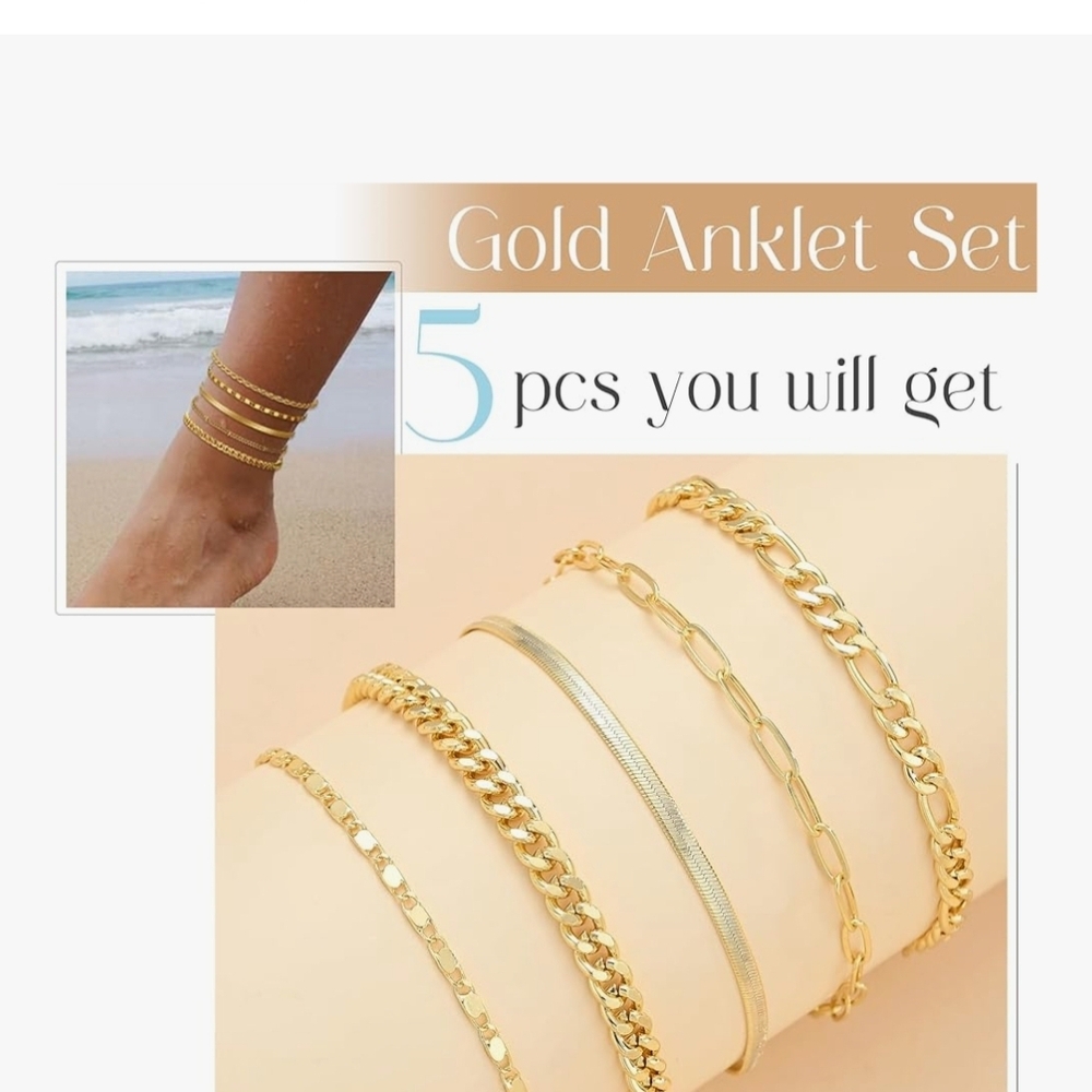 Gold Anklet Set - 5 Piece Jewelry Collection